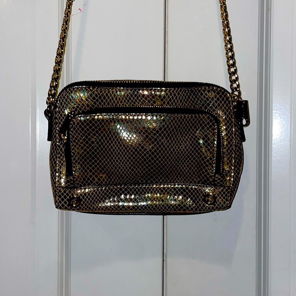 MILLY Iridescent Metallic Crossbody Bag Snake Print Purse Mini Gold Chain Strap